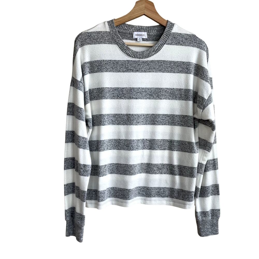 Evereve soft knit rayon white gray striped crewneck sweater women's‎ size small